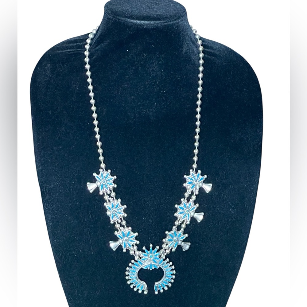 VINTAGE Squash Blossom Style Turquoise and Stainless Southwest Boho Necklace